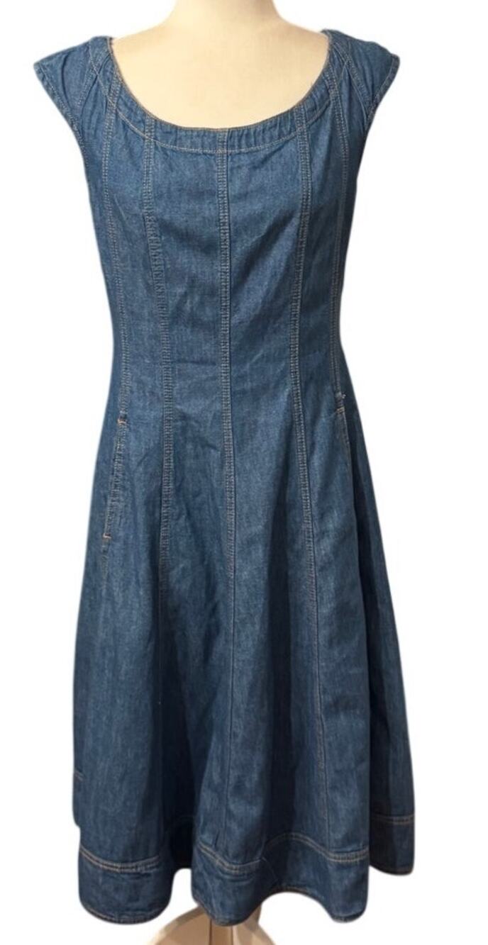 Pilcro by Anthropologie Denim Fit & Flare Dress Pockets Cap Sleeves, Size 8